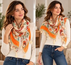 Designer Multicolor Paisley Print Square Scarf 48"x48" Handmade Fringe Shawl VG